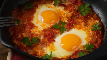 Two egg shakshuka in tomato sauce with fresh tomatoes, spices and herbs. Close-up scrambled eggsの写真素材