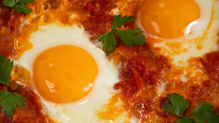 Two egg shakshuka in tomato sauce with fresh tomatoes, spices and herbs. Close-up scrambled eggsの写真素材