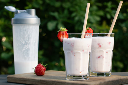 Protein shake from yogurt and strawberries in a shaker and two glass glasses on a wooden tableの写真素材