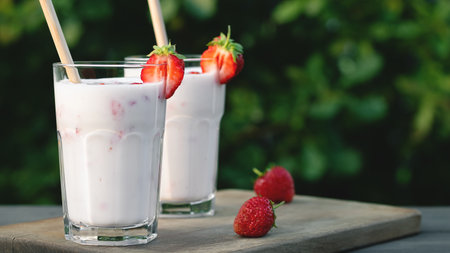 Strawberry smoothie in two glass glasses and fresh strawberries on a wooden table in the yard, copyspaceの写真素材