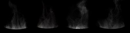 Set of steam from round dishes - pots, mugs or cups isolated on black backgroundの写真素材