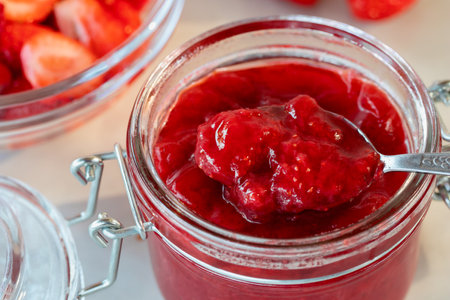 Preparation and preservation of strawberry jam in a glass jarの写真素材