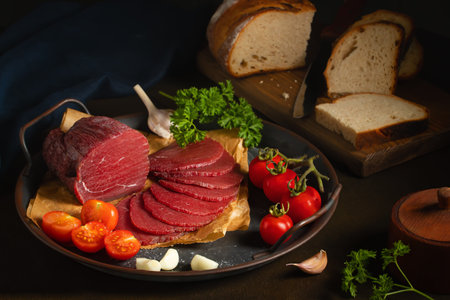 Whole and sliced bresaola on a metal round tray with tomatoes, garlic and breadの写真素材