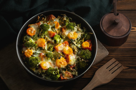 Gratin with broccoli, carrots and cheese baked in the oven on a dark wooden tableの写真素材