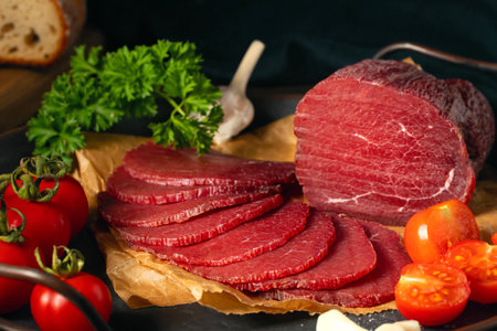 Whole and sliced bresaola on a metal round tray with tomatoes, garlic and parsleyの写真素材
