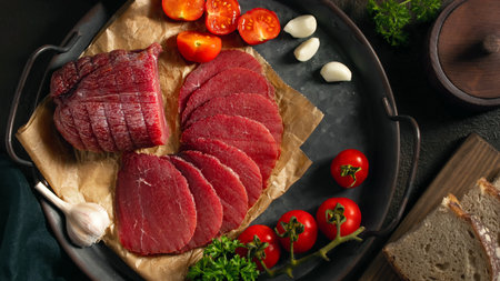 Whole and sliced bresaola on a metal round tray with tomatoes, garlic and breadの写真素材