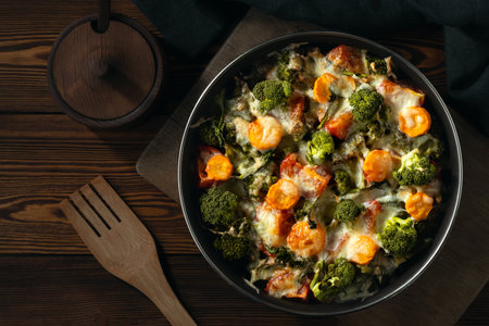 Gratin with broccoli, carrots and cheese baked in the oven on a dark wooden tableの写真素材