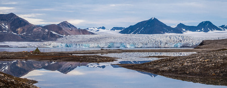 Campsite in front of a glacier, Svalbardの写真素材