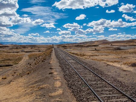 Train railroad under clouds in the sky, Peruの写真素材
