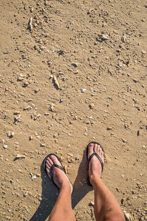 Feet on beach with seashells in Madagascarの写真素材