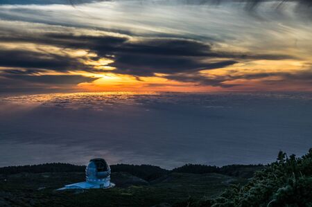 Astronomical observatory at dusk in La Palma, Canary Islandsの写真素材