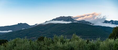 Gredos mountain rage view from Candeleda at dusk, Avilaの写真素材