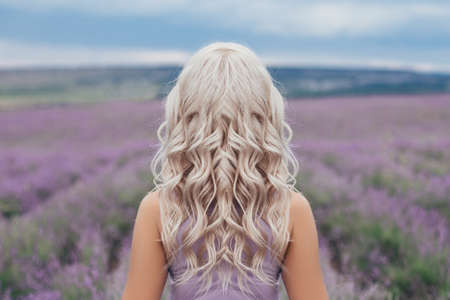 Beautiful girl back with long curly blonde hair in violet dress in lavender fieldの写真素材