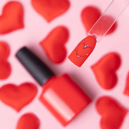 Romantic color palettes of nail gel polish for manicure and pedicure, heart designの写真素材