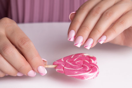 Beautiful female hands with pink and white manicure nails, sparkling french designの写真素材