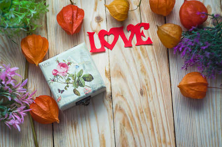 Postcard on valentine's Day with a frame and heartsの写真素材