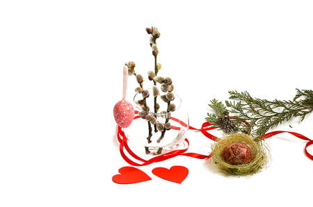 Spring willow branch on a white background boundedの写真素材