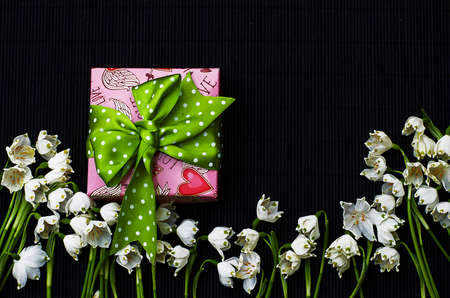 Bouquet of snowdrops in springtime with a gift on holidayの写真素材
