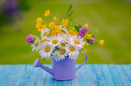 Bouquet of wild flowers of different colors in the vase outdoors or growing on fieldの写真素材