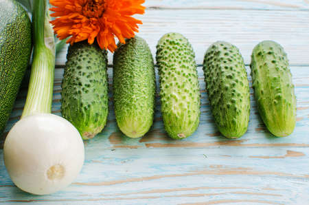 Still life of cucumbers and other vegetables and seasoningsの写真素材