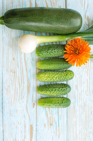 Still life of cucumbers and other vegetables and seasoningsの写真素材