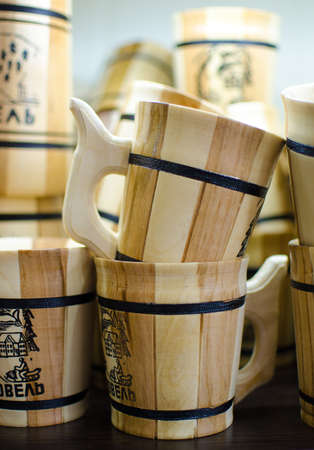 Different wood souvenirs in the store while traveling to the mountainsの写真素材