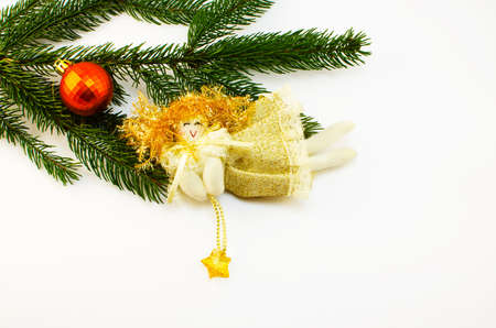 Christmas toys and Christmas tree branch on a white background limitedの写真素材