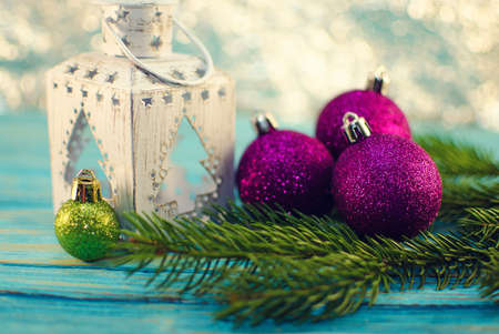 New year card with toys, snowflakes, surprise box, branches of a Christmas treeの写真素材