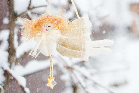 New Year's toys and white snow in the fresh airの写真素材