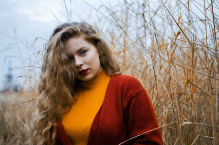 Young smiling girl with curly hair on the backgroundの写真素材