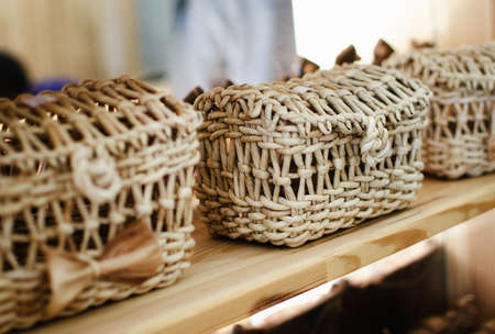 Different wood souvenirs in the store while traveling to the mountainsの写真素材