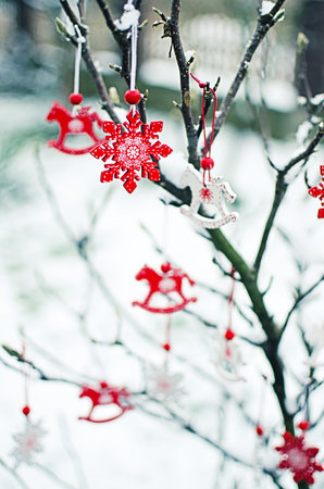 Christmas ornaments, Christmas tree, balls, garlands for a happy Christmas and festive mood in the family circleの写真素材