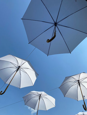 White umbrellas against a bright blue sky hanging are a light, open-air art installation.の写真素材