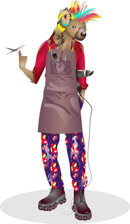 Hyena hairdresser in apron with scissors and safetyのイラスト素材