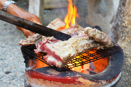 BBQ ribs grilled meat smoke fog barbecue food                      の写真素材