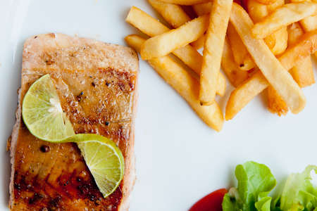 crispy grilled salmon steakの写真素材