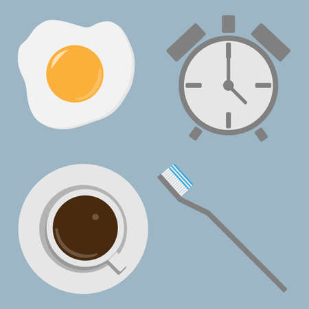 Morning concept  Toothbrush,Coffee,A larm clock,Fried egg のイラスト素材