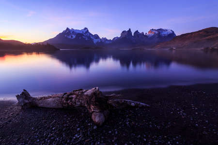 beautiful twilight behind lake and mountain in Patagonia, Chileの写真素材