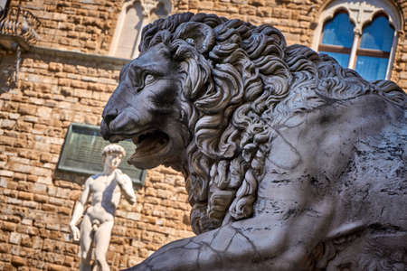 David and the lion Piazza della Signoria Florence Italyの写真素材