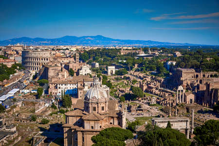 Ancient Rome Ruins Forum Colosseum view from Altar of the Fatherland Rome Italyの写真素材