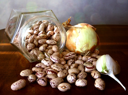 Simpe and tasty ingredients for a soup  dry borlotti beans,onion and garlic 