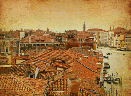Venice, panoramic view of red tiled roofs and Grand Canal.Vintage effect and grunge texture added.の写真素材
