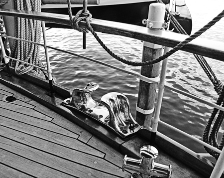 Deck detail of vintage yacht,black and white.の写真素材
