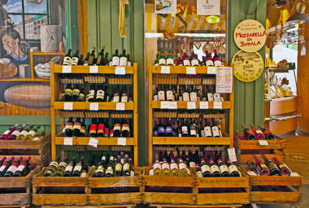MUNICH, GERMANY. German and international wines on display at one of many gourmet shops at Viktualien Markt in Munich center, food landmark for local buyers and touristsのeditorial素材