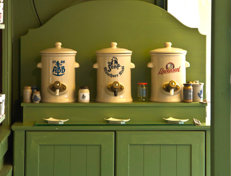 Mustard boot at Viktualien Markt open air market in Munich center offering daily a parade of gourmet delicacies for local buyers and tourists.のeditorial素材