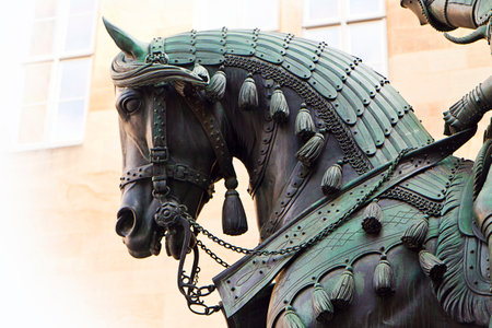 Stuttgart, Germany - Equestrian statue of Eberhard, first duke of Wuerttemberg, armored warhorse detailのeditorial素材