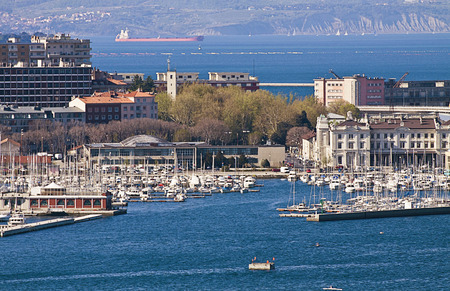 Trieste, Italy - panoramic view of yacht harbor with docks, yacht clubs, sailing and motor boats