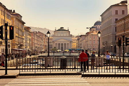 Trieste, Italy - S. Antonio canal with the view of neo-classical building of S. Antonio churchのeditorial素材