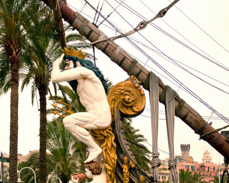 God Neptun as figurehead of fake  but navigable Galleon moored at Porto Antico,Genoa, Italy. Built in 1965 for the Polanski movie "Pirates", now touristic attraction free visitableのeditorial素材