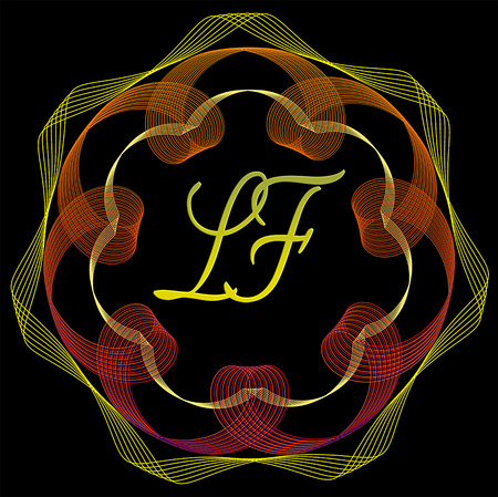 Vintage line art,red and gold signet with golden monogram on black backgroundの写真素材